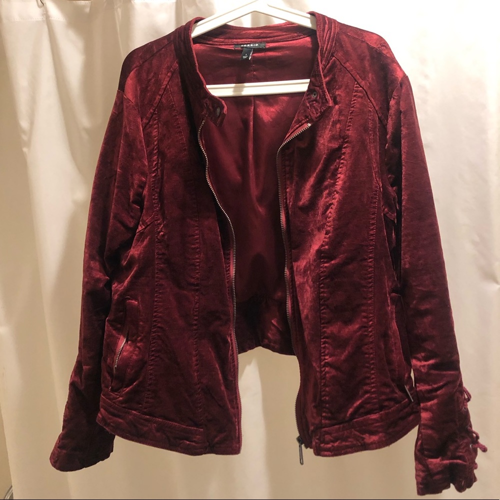 Crushed red velvet moto jacket